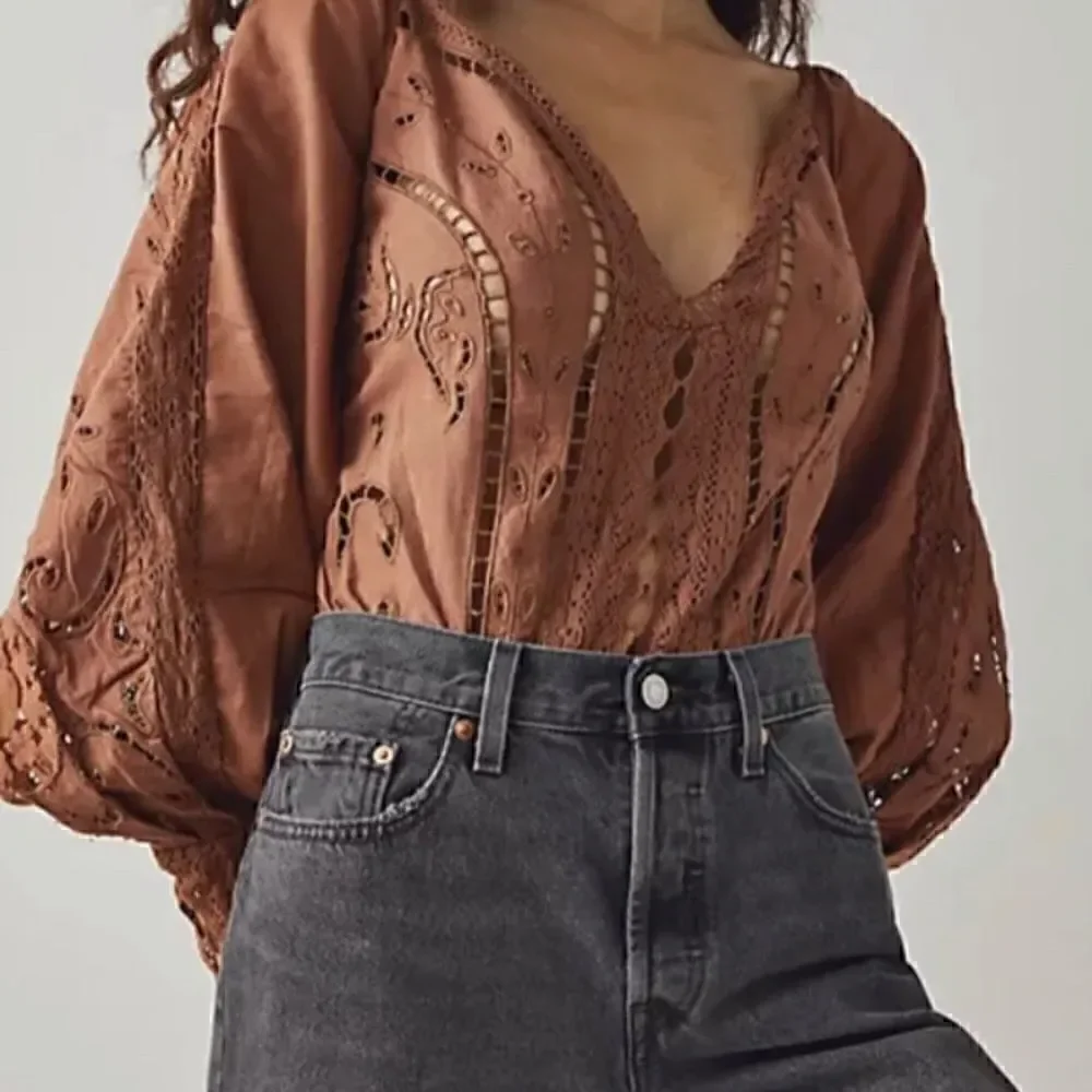 NWOT Free People Regina Bodysuit Top Thong Eyelet Balloon Sleeves Smocked Retro